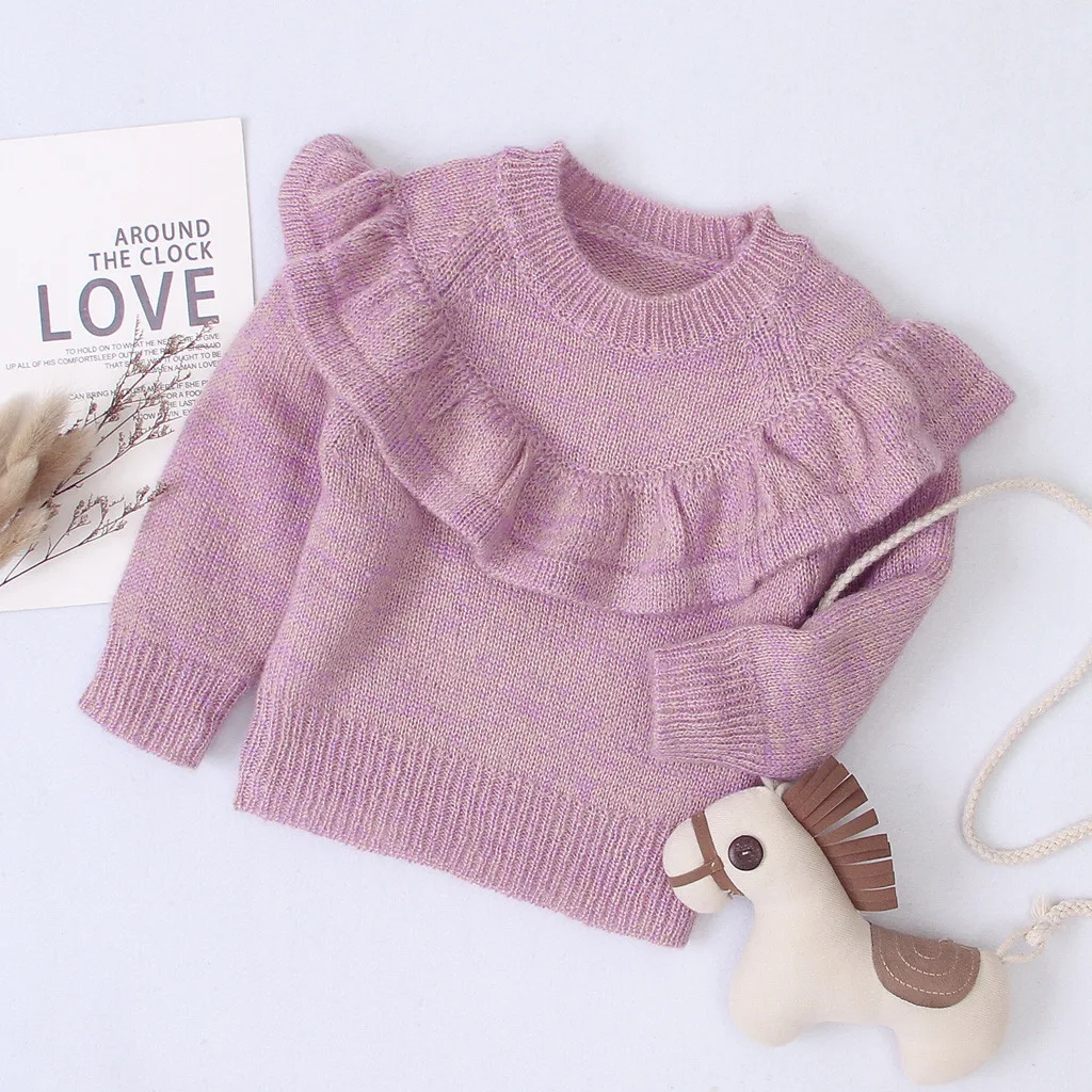 Вязаный свитер с длинными рукавами и оборками; топы для новорожденных; одежда для маленьких девочек; Зимний толстый теплый пуловер; свитер для маленьких девочек