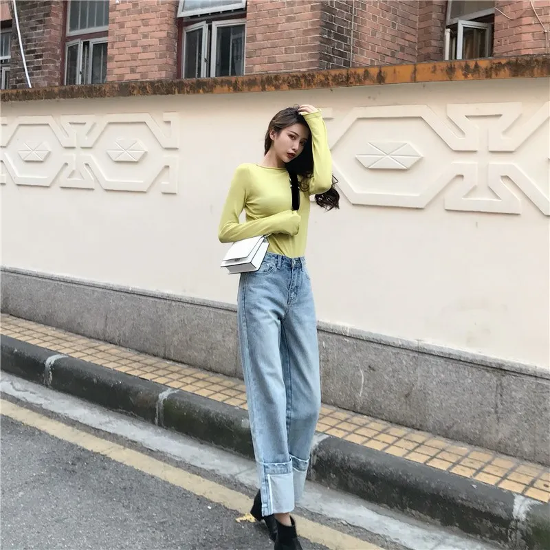 

Women Nice Tide High Waist Jeans Vintage Casual Solid Pockets Denim Straight Pants Female Loose Jeans
