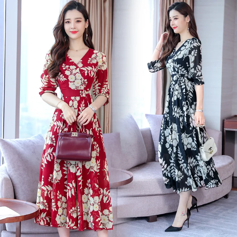 

2019 Spring New Style Korean-style Mid-length Chiffon Dress Three-quarter-length Sleeve V-neck Slimming Elegant Long Skirts Wome