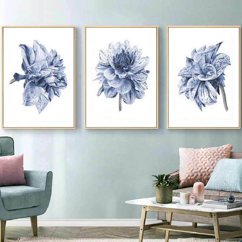 Watercolor Painting Farmhouse Bedroom Wall Decor Boho Dahlia Flower Canvas Art Posters And Prints Navy Blue Wall Art Pictures|Painting & Calligraphy| - Aliexpress