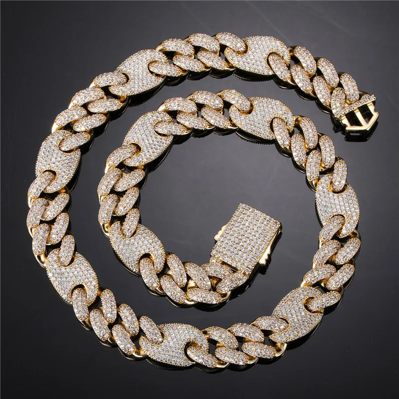 

HIP Hop 3 Row CZ Stone Bling Iced Out 15mm Coffee Beans Round Cuban Link Chain Necklace for Men Rapper Jewelry