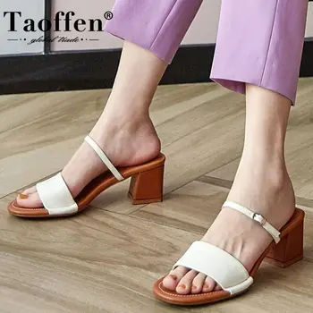 

Taoffen Women Fashion Sandals Summer Square Heels Metal Buckle Shoes Women High-Quality Genuine Leather Footwear Size 34-40