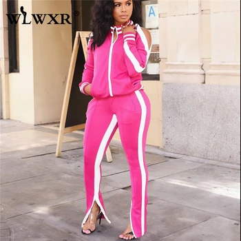 

WLWXR Casual Two Piece Set Top and Pants Women Sweatsuit Sweatshirt Female Tracksuit Neon Pink Outfits Ladies Matching Sets 2019
