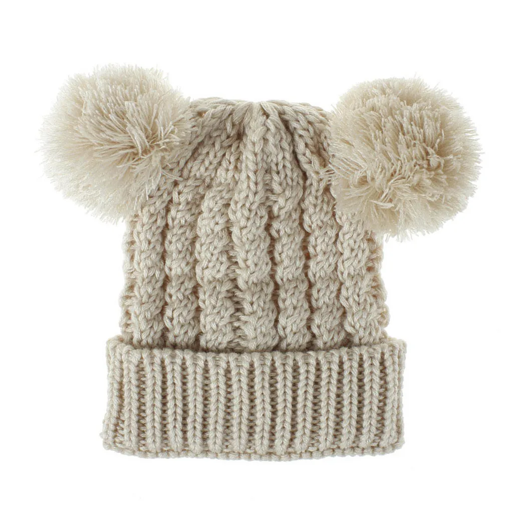 Теплая зимняя детская шапка для мальчиков и девочек-подростков, шапочка мех, помпон, Повседневная вязаная шапка, лыжная шапка с помпонами для детей 1-8 лет - Цвет: Бежевый