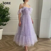 

LORIE Glitter Prom Dresses Strapless Tulle A-Line Shiny LOVE off Shoulder Tea Length Arabic Wedding Party Gown for Graduation
