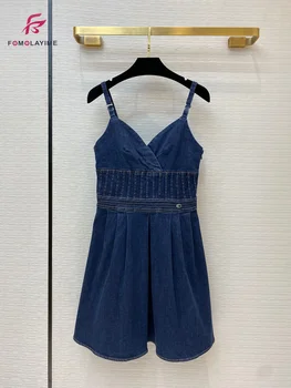 

Summer 2020 High-quality Women Fashion Sexy V-neck Spaghetti Strap High Waist Denim Dress