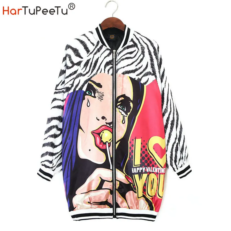

2020 Autumn Coat Women Jacket Hip Hop Harajuku Style Plus Size Stylish Print Zipper Plus Size Loose Outwear with Pockets