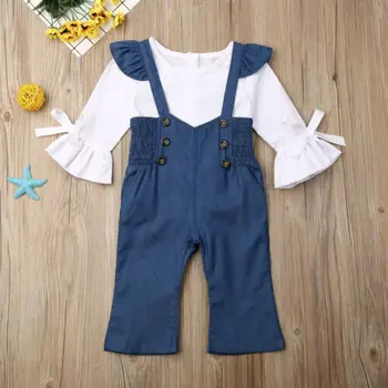 

Infant Kid Baby Girl Flare Sleeve Top Strap Trousers Denim Pants Set Outfits Autumn Spring Clothes