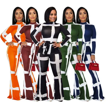 

51F064 Autumn Winter Women Casual Fashion Home Print Flare Two Piece Set Top and Pants Tracksuit Sweatsuit Outfits Hot