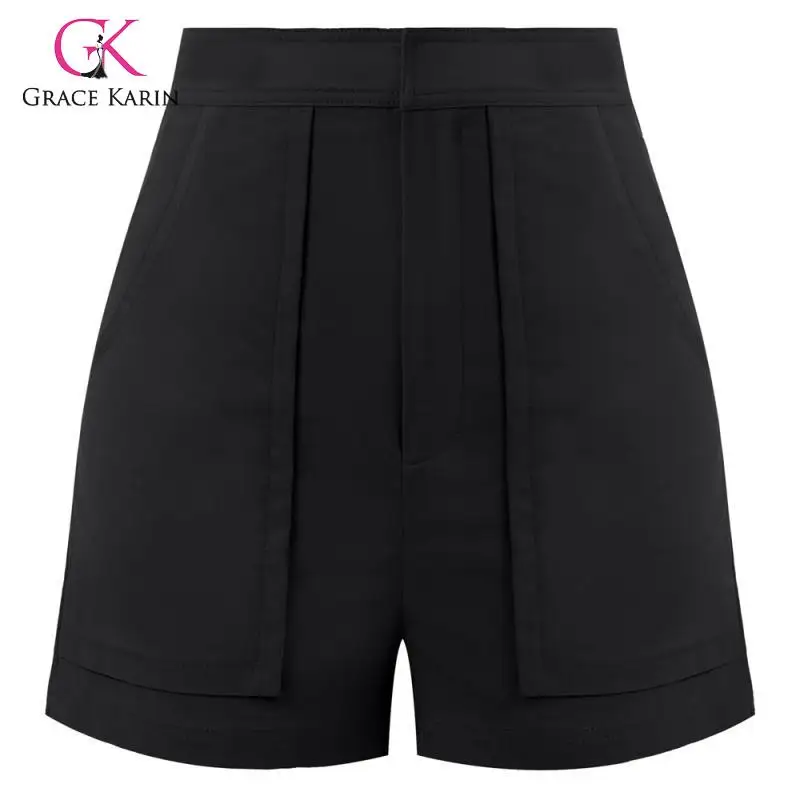 Grace Karin Модные женские шорты с высокой талией, короткие штаны, прямые штаны с карманами, шорты на молнии, Женские однотонные шорты