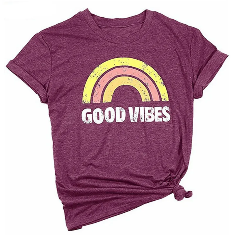 Футболка Good Vibes, женская футболка, милые топы, короткий рукав, буквенный принт, радужная графическая футболка, женская одежда