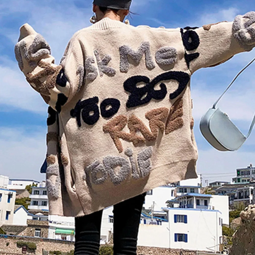 

Casual Oversize Letter Print Cardigan Sweater Female Fashion Thick Warm Korean Knitted Coat Outwear Knitwear 2019 Winter jersey