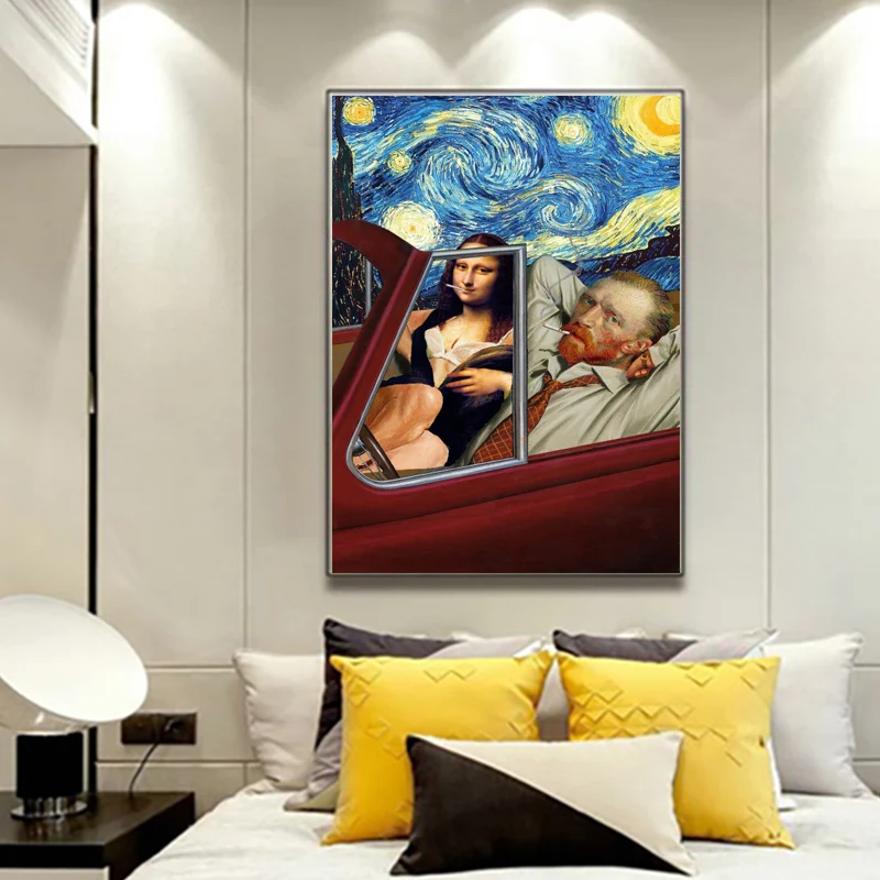 

Funny Art Van Gogh and Mona Lisa Driving Canvas Posters Abstract Smoking Oil Paintings on Canvas Wall Pictures Home Wall Decor