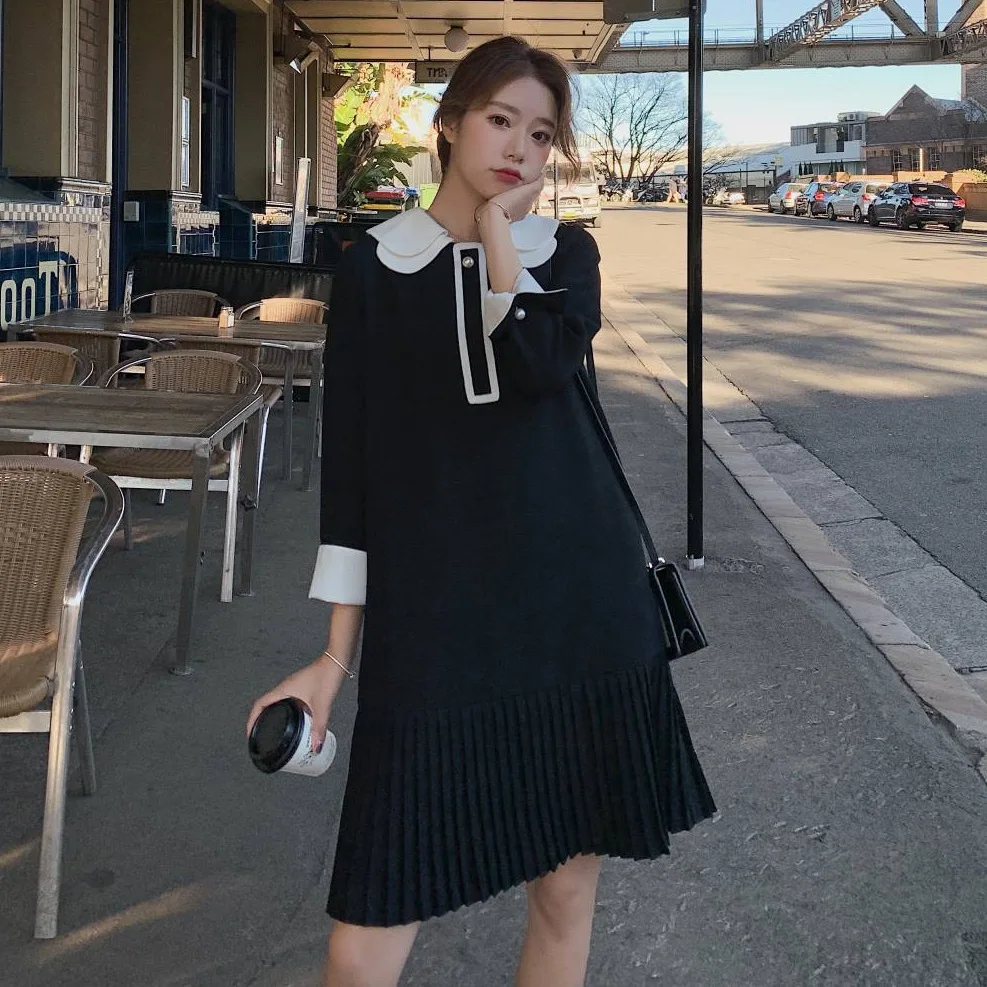 

Photo Shoot INS Blueberry Celebrity Style by Age Contrast Color Joint Peter Pan Collar Loose-Fit A- line Pleated Fairy Dress Mid