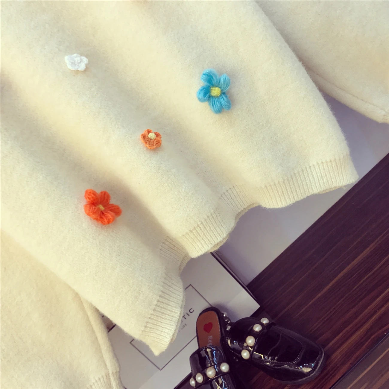 Осенний свитер женский спортивный костюм милый 3D цветок Круглый вырез пуловер свитер+ кожаная юбка комплект из двух предметов Femme наборы