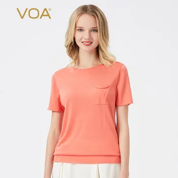 

Voa Summer New Round Neck Natural Multi-colored Patch Small Pocket Short Sleeve Loose T-shirt Bg05 Befree T Shirt Women Tshirt