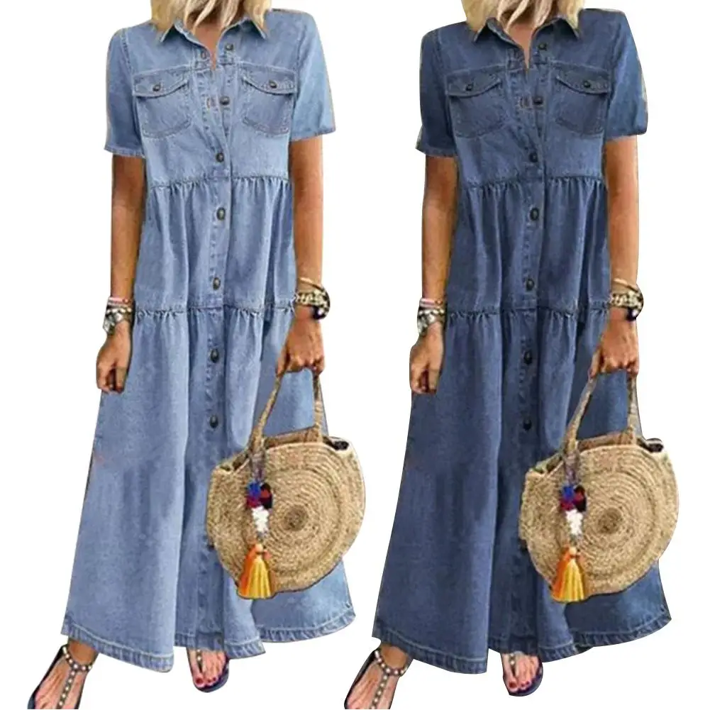 Retro Women Short Sleeve Turn Down Collar Dress Pockets Buttons Single-breasted Long Loose Denim Dress for Summer Retro Women Short Sleeve Turn Down Collar Dress Pockets Buttons Single-breasted Long Loose Denim Dress for Summer