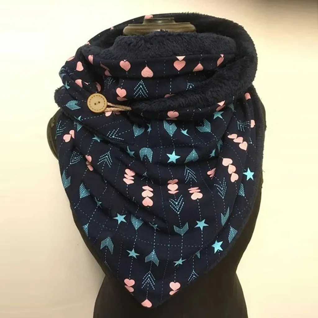 

Women Winter Warm Print Button Wrap Casual Warm Scarf Ladies Button Scarf Wool and velvet windproof Retro girl fashion Scarf