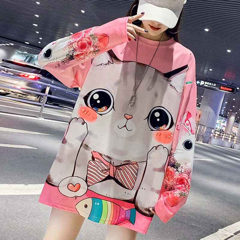 Футболки хип-хоп BF стиль для женщин мультфильм кошка печать Kawaii мягкая модная свободная футболка Корейская Повседневная модная женская Милая футболка