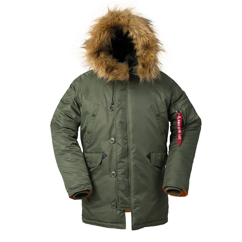Мужские куртки-бомберы с меховым воротником военные толстые теплые пальто с капюшоном Мужские повседневные Длинные парки - Цвет: Зеленый