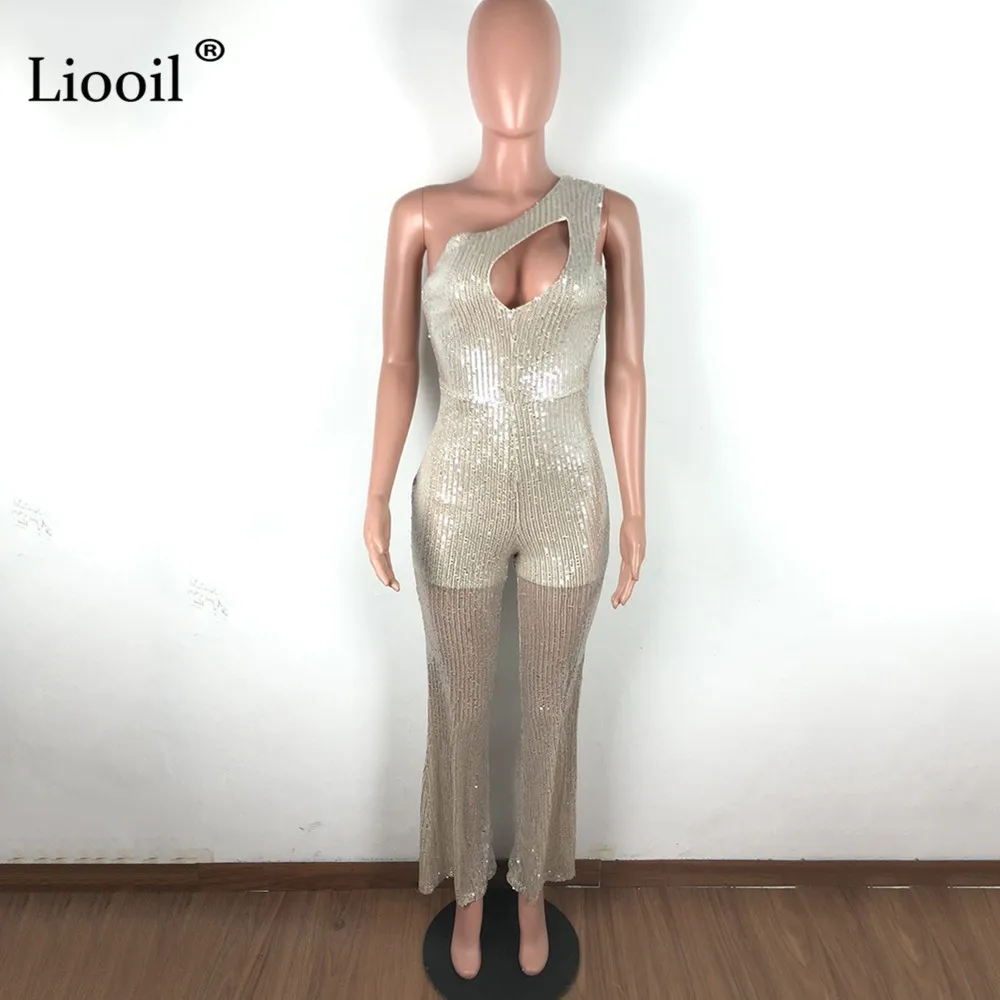 Liooil одно плечо Sexy плотные комбинезоны для Для женщин открытые вечерние Клубные комбинезоны, обтягивающие боди брюки с широкими штанинами