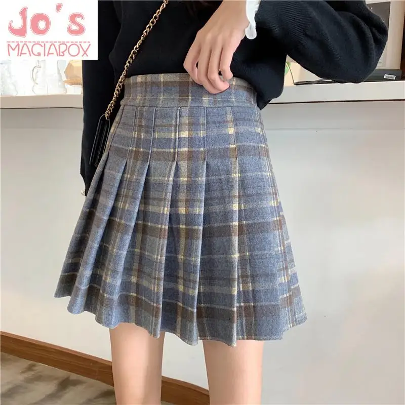 Зимняя Повседневная Женская плиссированная трапециевидная юбка в винтажном стиле, Корейская клетчатая мини-юбка в стиле ампир, Милая юбка выше колена с завышенной талией Kawaii