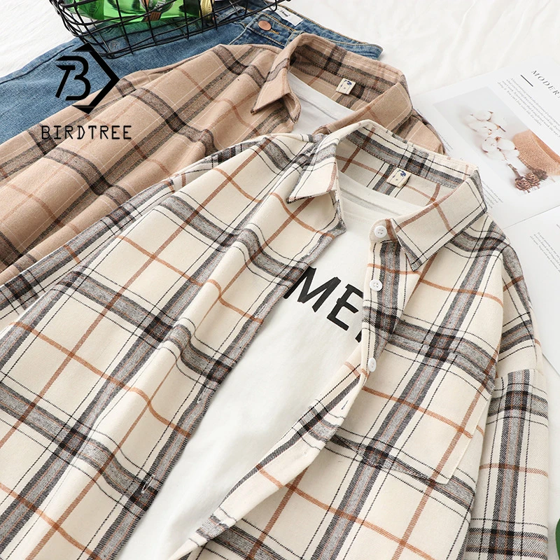 

Autumn New Women Vintage Oversize Flannel Plaid Shirt With Pockets Full Sleeve Turn Down Collar Blouse Casual Basic Tops T16304X