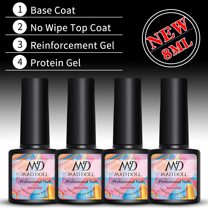 

MAD DOLL 8ml Peel Off Gel Base Coat Long-lasting No WipeTop Coat Matte Reinforcement Gel Opal Jelly Gel Nail Art UV Gel Polish