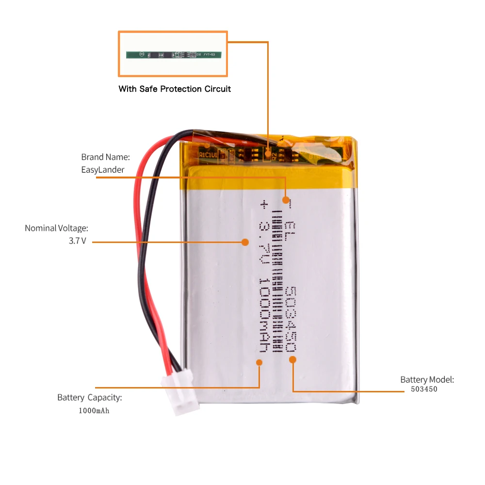 3,7 V 1000mAh 503450 литий-полимерная LiPo аккумуляторная батарея JST PH2.0 2pin для электронной книги pb 360 Регистратор