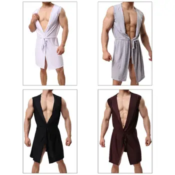 

Mens Summer Ice Silk Kimono Bath Robe Hooded Sleeveless Open Front Lightweight Solid Color Sleepwear Pajamas with Belt