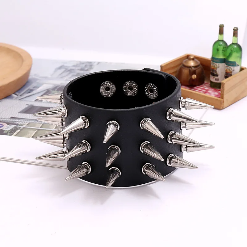 Leather Bracelet Punk Style Wristband Leather Studded Bracelet Cuspidal Spikes Rivet Stud Wide Cuff Black Bangle Adjustable Men Bracelet Bangle Bracelet Leather Bracelets