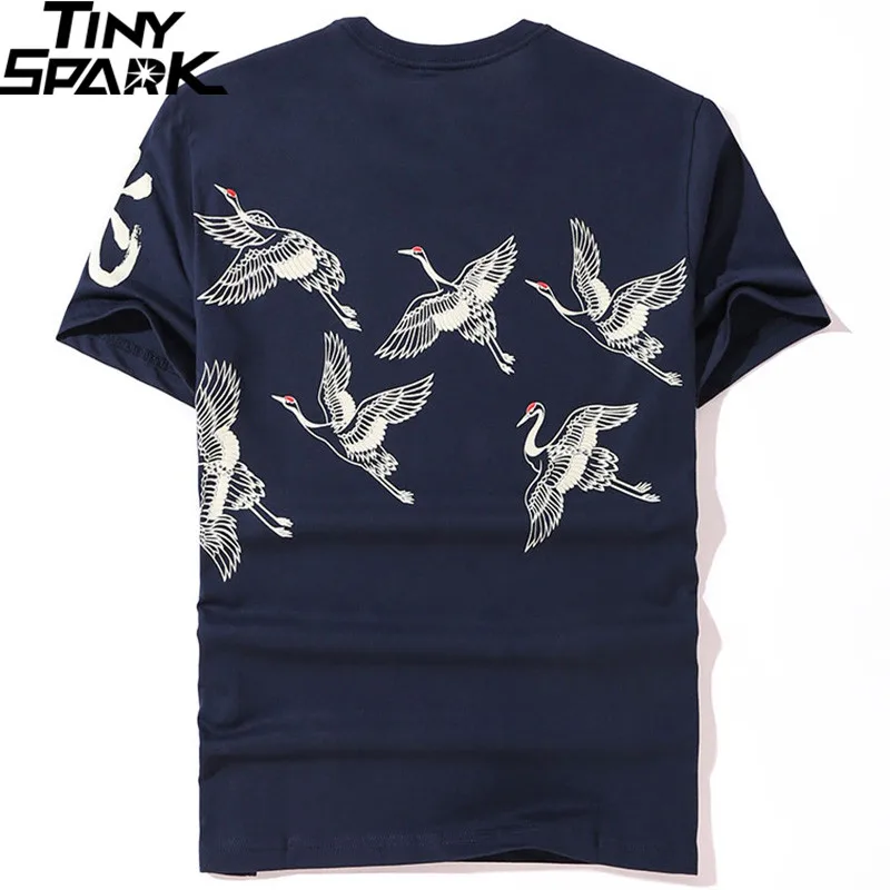 Goedkoop 2019 Japanse Streetwear T shirt Crane Zon Print Mens Harajuku T Shirt Zomer Hip Hop Tshirt Katoen Korte Mouw Tops Tees zwart