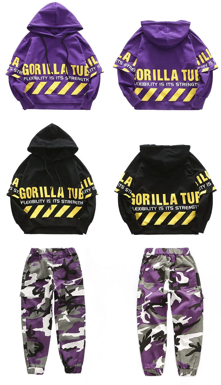 New Fashion Sets For Girl Boy Hip Hop Dance Costumes 4-18Y Children Teenager Long Sleeve Hooded Tops+Camouflage Pants