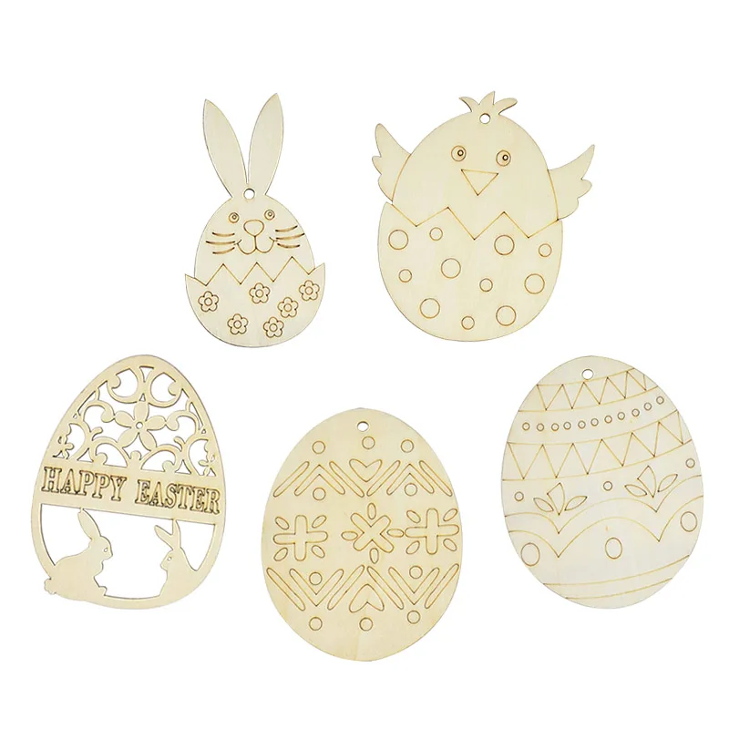 

10Pcs/lot 2021 Easter Wood Chips Ornaments DIY Easter Eggs Rabbit Hen Crafts Cutouts Tags For Home Happy Easter Gift Decoration