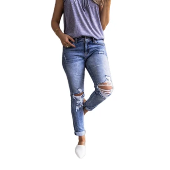 

Women Korean Slim Fit Jeans Ripped stretchHigh-waist Straight Denim Pants Fashion Solid Color Casual Trousers For Women Girls