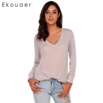 

Ekouaer Women Autumn Spring T-Shirts Fashion V-Neck Long Sleeve Solid Basic T-Shirt