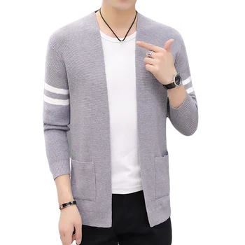 

Men's Autumn Knit Cardigan Warm Sweater Jacket Fashion Contrast Stripe No Threshold Gray Blue Black Knit coat Plus size 3XL