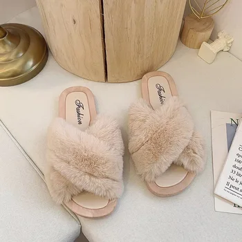 

NEW Summer Women's Fur Slippers Woman Slides Home Furry Flat Sandals Female Cute Fluffy House Shoes Flip Flops