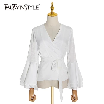 

TWOTWINSTYLE White Elegant Bowknot Women's Shirts V Neck Ruffle Sleeve High Waist With Sashes Female 2020 Spring Fashion New