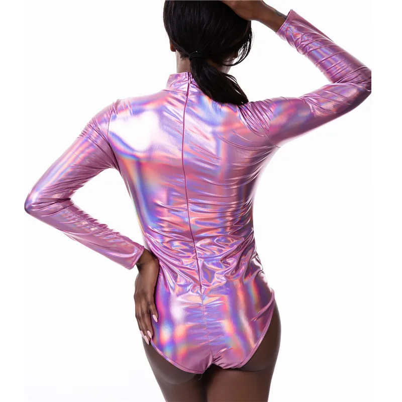 Shiny Holographic Women Bodysuit With Long Sleeve O Neck Wet Look Back Zipper Skinny Playsuits Summer Party Night Club Jumpsuits lace bodysuit