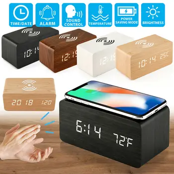 

Wooden LED Alarm Clock with Qi Wireless Charging Pad Sound Control Charger for phone charging station dock