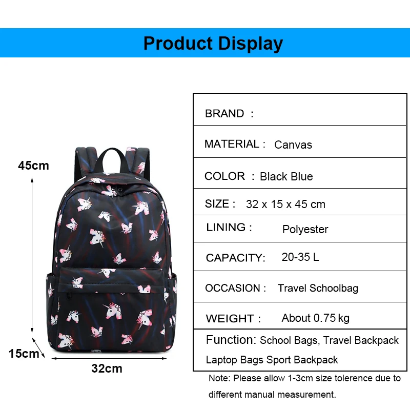 School Unicorn Backpack 3pcs/set Casual Sports Backpack Canvas Waterproof Unicorn School Bag For Girls Purses And Handbags Gift