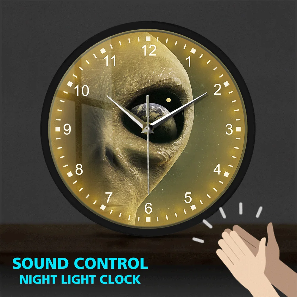Mystical Outer Space Planet Alien Metal Frame Luminous Wall Clock Sound Control Modern Design Hanging Watch Horologe | Дом и сад