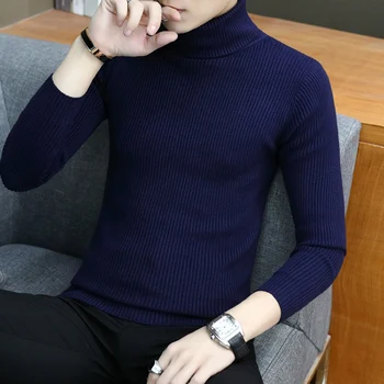 

2019 Spring Warm Turtleneck slim Sweater Men Fashion Solid Knitted Mens Sweaters Casual Male Double Collar Slim Pullover S-3XL