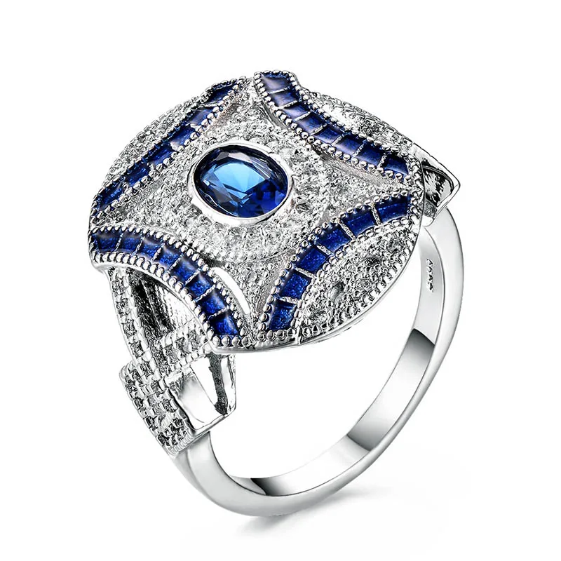 Blue Cellacity, модное ювелирное изделие, серебро 925, кольца для женщин, овальные драгоценные камни, сапфир, циркон, синий цвет, Обручальные, вечерние, кольцо, женский подарок - Gem Color: Blue