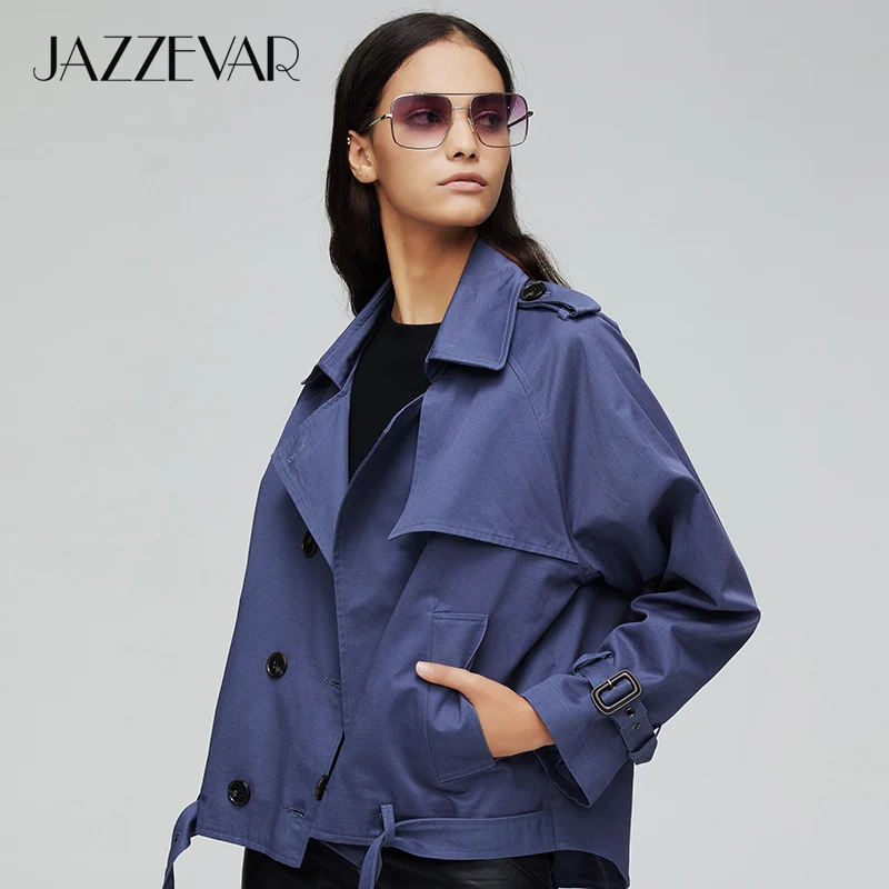 JAZZEVAR Новое поступление осенний тренч женская модная повседневная хлопковая двубортная куртка короткая свободная верхняя одежда женский плащ на осень-весну 9018