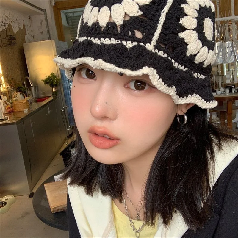 Women's Bucket Hat Knit Retro Y2k Girls Ins Winter Autumn Lady Trend Casual Handmade Exquisite All-match Korean Style Klein Blue buckethat