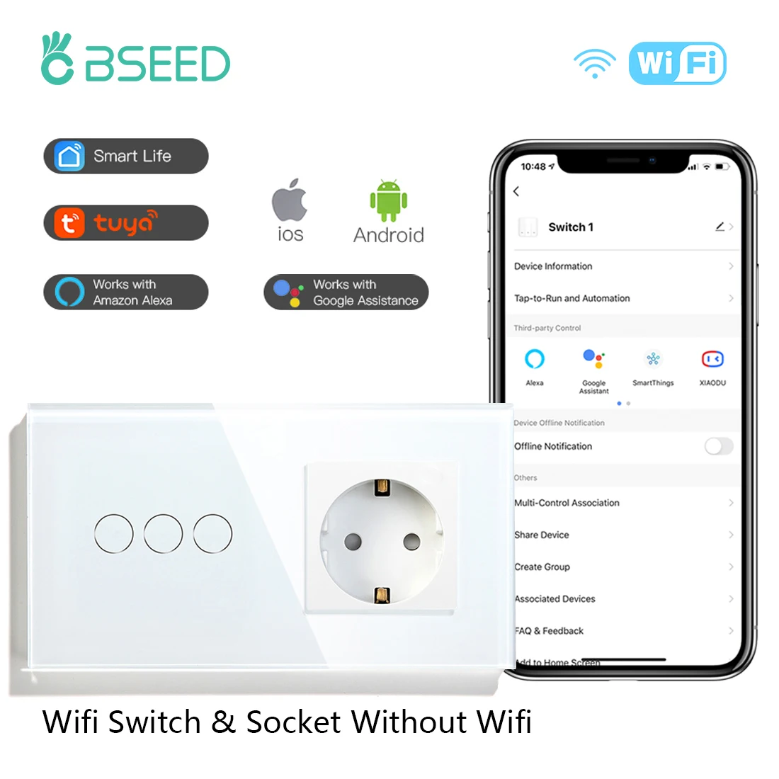 lighted single pole switch BSEED 1/2/3Gang 1/2/3Way WIFI Touch Light Switch Smart Wall Switch Smart Life APP Glass Panel with EU Socket Without Wifi White outdoor light switch timer Wall Switches