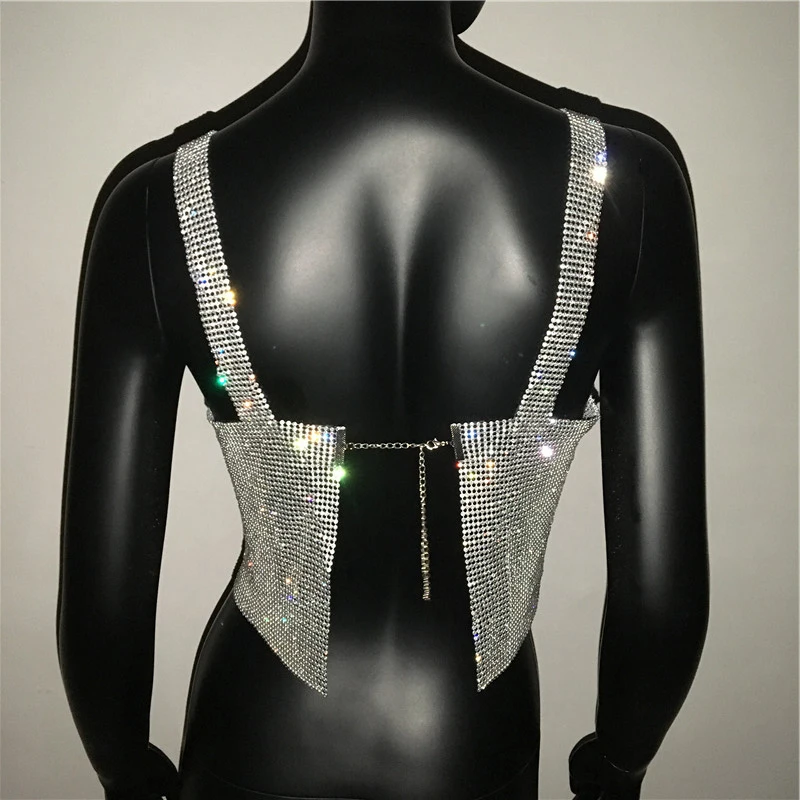 silk camisole Bling Rhinestones Party Crop Top 2022 Fashion Solid Backless Straps Full Diamonds Sequins Cami Cropped Top for Women camisole bra