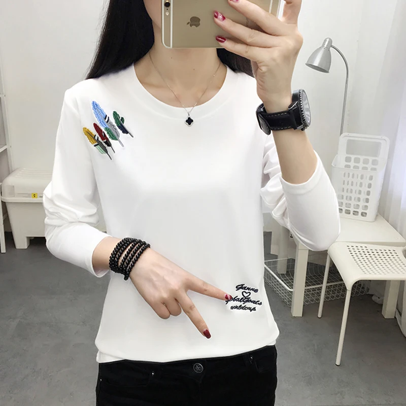 Cena Plus rozmiar T koszula kobiety ubrania 2020 haft Tshirt z długim rękawem topy odzież t shirty koszulka casual Shirt Femme Poleras Mujer